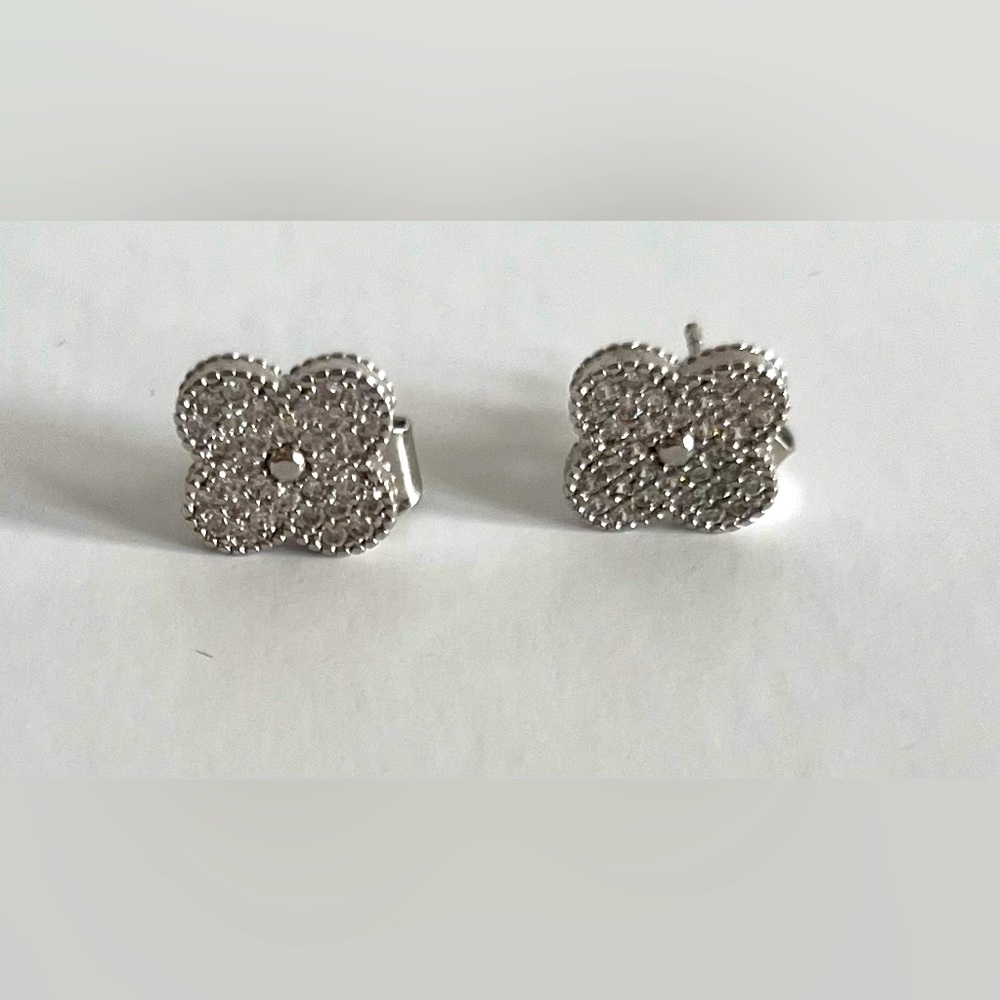 Silver Tone Clover Stud Earrings